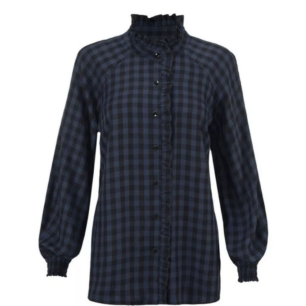 Cabi Women's Plaid Ruffle Button Down Long Sleeve‎ Blouse Top Size Small